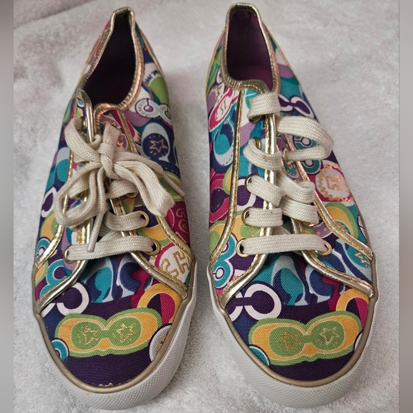 Coach dee multicolored logo gold trim shoes sneakers sz 7.5 - Picture 2 of 10